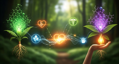 Conceptual image with human hand holding plant in shape of heartの素材