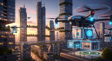 Quadcopter with camera flying over city at sunset. 3D renderingの素材