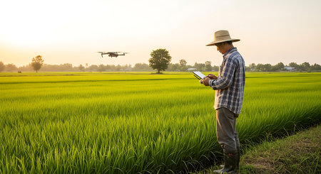 Farmer holding tablet and drone flying over rice field in sunset.の素材
