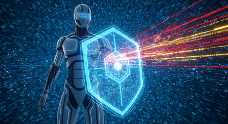 Cyborg on digital binary background with shield hologram 3D renderingの素材
