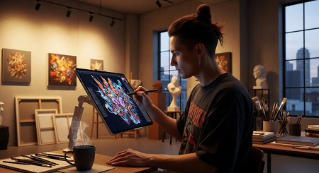 A young man in a black T-shirt works with a tablet in a modern office.の素材