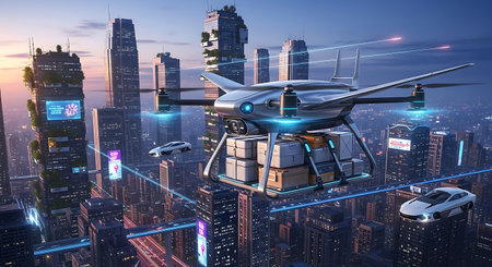 Drone flying over the city. 3D rendering. Virtual reality.の素材