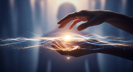 Hands of man and woman touching virtual screen with glowing lines. 3D renderingの素材