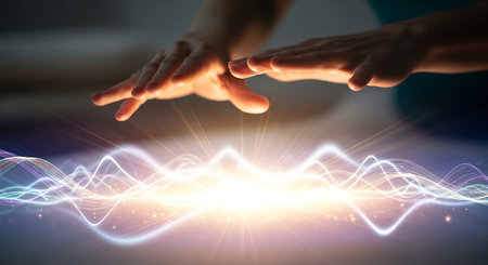Close up of human hands touching with fingers glowing connection lines. 3D renderingの素材