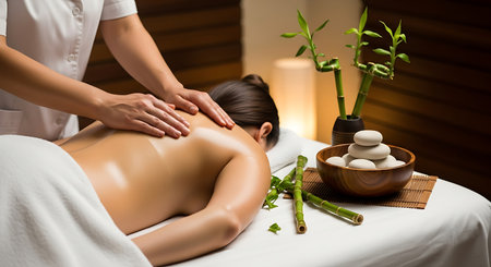 Beautiful woman having a massage in a spa salon. Spa treatment conceptの素材