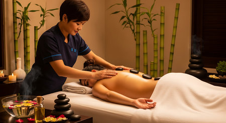 man having a hot stone massage in a spa with bamboo and candlesの素材