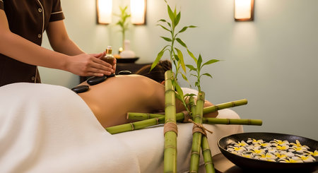Young woman having a hot stone massage in spa salon. Spa concept.の素材