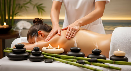 Young woman having a back massage at the spa. Spa treatment concept.の素材