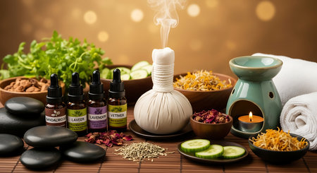 Spa and wellness setting with herbal compress balls, oil and herbsの素材