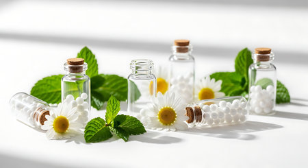 Essential oil with chamomile and mint on a white backgroundの素材