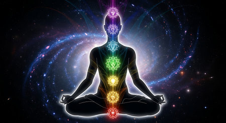 Illustration of a female meditating in lotus pose with colorful lightsの素材