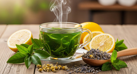 Cup of tea with lemon and mint on a wooden table.の素材