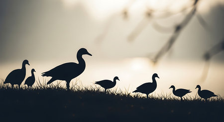 Silhouettes of ducks and geese in the grass at sunsetの素材