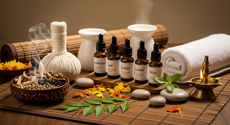 Spa composition with herbal compressing balls and candles on bamboo matの素材