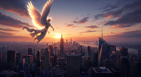 Angel flying over New York city at sunset, 3d render.の素材