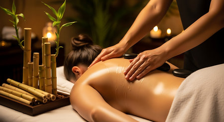 Close up of a young woman having a massage in a spa centreの素材
