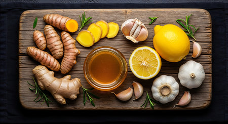 Ginger, lemon, garlic and honey on a wooden background.の素材