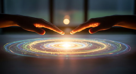 Close up of human hands touching virtual hologram screen. Mixed mediaの素材