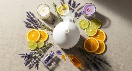 Lavender spa still life with lemon, orange, honey, candle and lavender flowersの素材