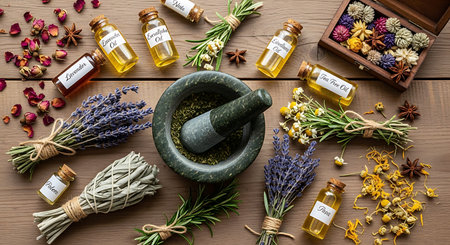 Lavender essential oil in a glass bottle on a wooden backgroundの素材