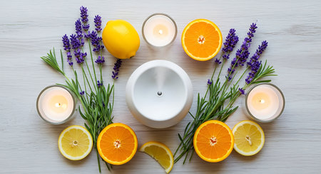Lavender, orange, lemon and candles on a white wooden backgroundの素材