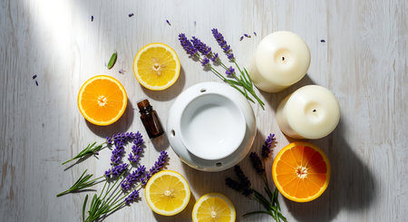 Lavender, orange, candle and essential oil on a white wooden tableの素材
