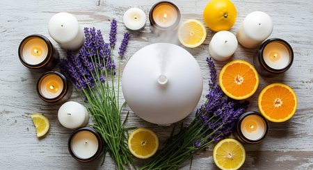 Lavender flowers, candles and oranges on a white wooden backgroundの素材