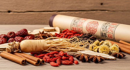 Chinese herbal medicine, closeup of dried herbs and spices on wooden backgroundの素材