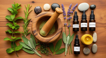 Herbs and spices for aromatherapy on a wooden background.の素材