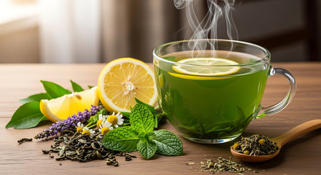 Green tea with lemon, mint and chamomile on wooden tableの素材