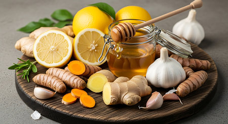 Ginger, lemon, honey, garlic and ginger on wooden boardの素材