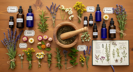 Herbs and essential oil in a mortar on a wooden background.の素材