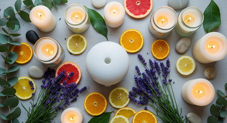 Lavender, orange, grapefruit and candles on a white backgroundの素材