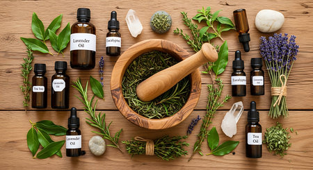 Herbs and spices for aromatherapy on a wooden table, top viewの素材