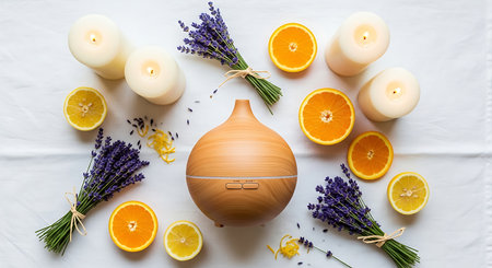 Spa still life with aroma oil diffuser, lavender, orange, lemon on white backgroundの素材