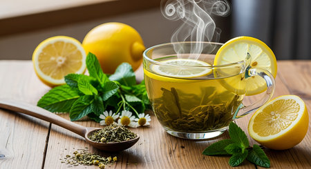 Cup of green tea with lemon, mint and chamomileの素材