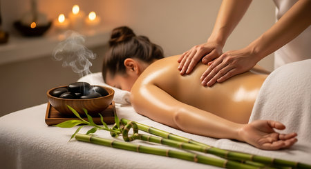 Young woman having a massage in a spa salon. Beauty treatment concept.の素材