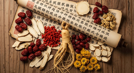 Chinese traditional herbal medicine with ginseng root and dried fruits.の素材