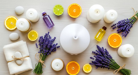 Spa still life with aromatic candles, fresh lavender flowers, citrus fruit and essential oil on white wooden background, top viewの素材