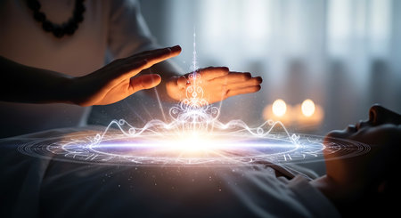 Woman hands touching glowing magical hologram. Future technology concept. 3D Renderingの素材