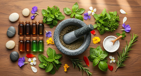 Herbs and spices in mortar and pestle on wooden table, top viewの素材