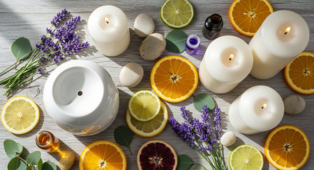 Flat lay composition with aromatic candles, fruits and flowers on wooden backgroundの素材