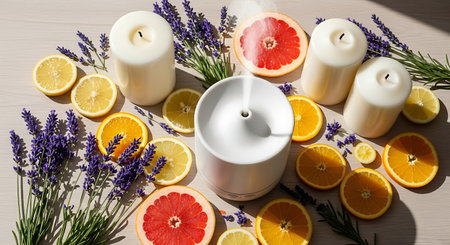 Lavender, orange, grapefruit, lemon and candle on a wooden backgroundの素材