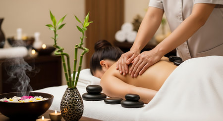 Beautiful young woman having a massage in a spa salon. Body care concept.の素材