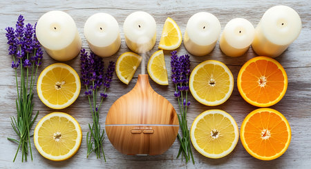 Lavender, lemon, orange and candle on a wooden backgroundの素材