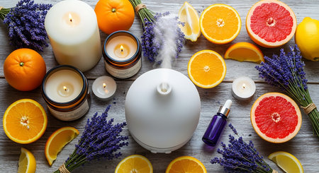 Lavender, orange, grapefruit, candle and perfume on a wooden backgroundの素材