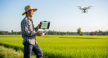 Farmer holding digital tablet and drone in rice field, technology and agriculture conceptの素材