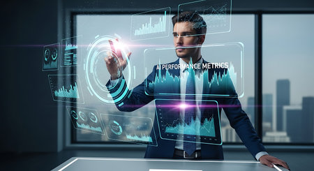 Businessman pressing high tech type of modern buttons on a virtual backgroundの素材