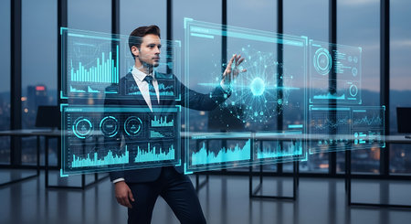 businessman in suit working with virtual panel and cityscape at backgroundの素材