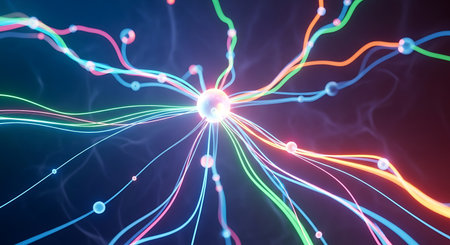 Neon glowing particles. 3d rendering, 3d illustration.の素材